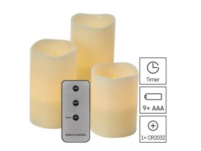 LED dekorace – vosková svíčka, různé velikosti, 3x AAA, vnitřní, vintage, 3 ks, ovladač