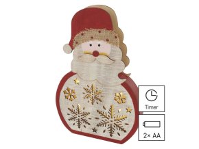 LED dekorace dřevěná – Santa, 30 cm, 2x AA, vnitřní, teplá bílá, časovač