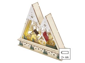 LED dřevěná vánoční krajina, 23,5 cm, 2x AA, vnitřní, teplá bílá, časovač