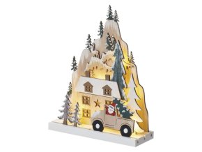 LED vánoční krajinka dřevěná, 22 cm, 2x AA, vnitřní, teplá bílá, časovač
