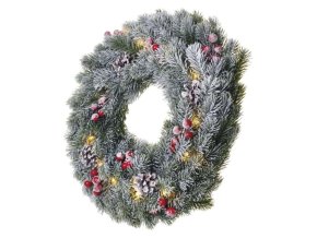 LED vánoční věnec zasněžený, 38 cm, 2x AA, vnitřní, teplá bílá, časovač
