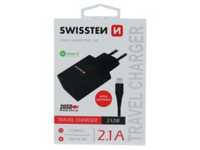 SWISSTEN adaptér 230V/2,1A 2xUSB + lightning kabel 1,2m ČERNÁ