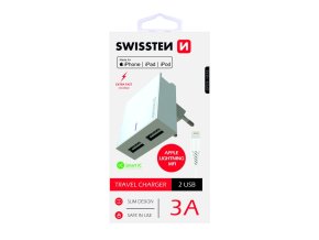 SWISSTEN adaptér 230V/3A 2xUSB + MFI lightning kabel 1,2m BÍLÁ