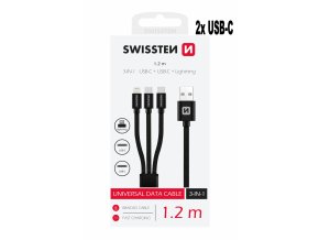 SWISSTEN kabel USB 3v1 USB-C + USB-C +  Lightning  1,2m černá