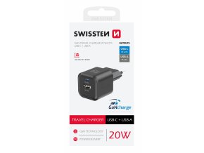 SWISSTEN mini adaptér GaN 230V 20W POWER DELIVERY 1xUSB-C + 1xUSB QC 18W ČERNÁ