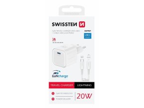 SWISSTEN mini adaptér GaN 230V 20W POWER DELIVERY 1xUSB-C + Lightning kabel 1,2m BÍLÁ