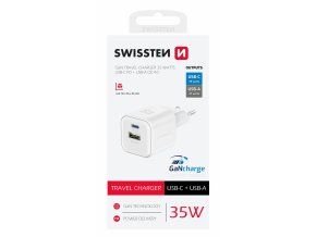 SWISSTEN mini adaptér GaN 230V 35W POWER DELIVERY 1xUSB-C + 1xUSB QC 27W BÍLÁ