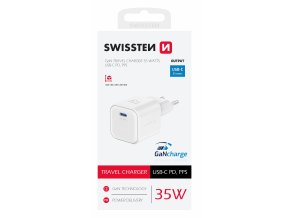 SWISSTEN mini adaptér GaN 230V 35W POWER DELIVERY 1xUSB-C BÍLÁ