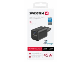 SWISSTEN mini adaptér GaN 230V 45W POWER DELIVERY 1xUSB-C + 1xUSB QC 18W ČERNÁ