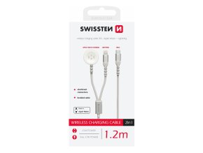 SWISSTEN nabíjecí magnetický textilní kabel 2v1 pro Apple Watch USB-C Lightning 1,2m bílá