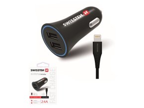 SWISSTEN nabíječ 2xUSB 12V/2,4A ČERNÁ + Lightning kabel