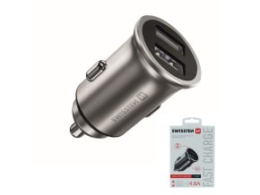 SWISSTEN nabíječ 2xUSB 12V/4,8A METAL BODY STŘÍBRNÁ