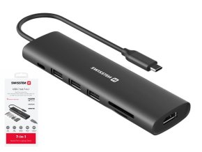 SWISSTEN USB-C HUB 7v1 USB-C 100W, HDMI 4K, 1xUSB-A 3.0, 2xUSB-A 2.0, SD, microSD