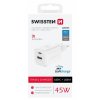 SWISSTEN mini adaptér GaN 230V 45W POWER DELIVERY 1xUSB-C + 1xUSB QC 18W BÍLÁ