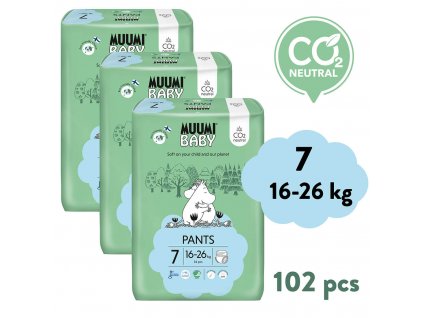 Muumi Baby Pants 7 XL 16-26 kg (102 ks), měsíční balení kalhotkových eko plen