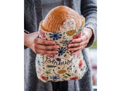 VELKÝ PEČIVÁK - medonosné kvítí a včely (34x32 cm) (Design Chlebosaurus - barevný)