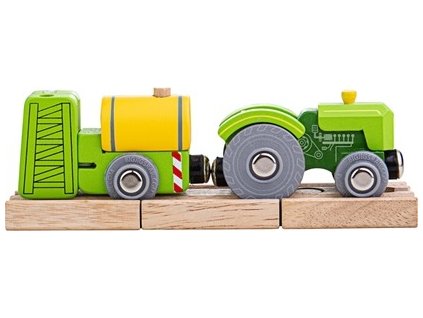 Bigjigs Rail Traktor s vlečkou zelený