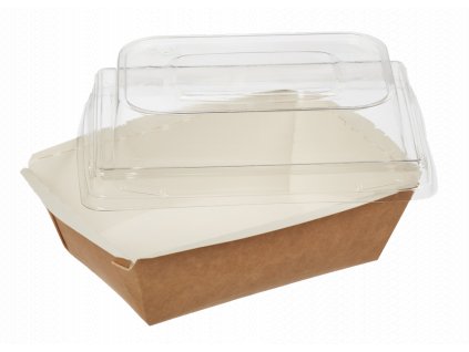 Papírový box / miska EKO na salát 120x160x70 mm hnědý s vysokým transp. víčkem bal/50 ks