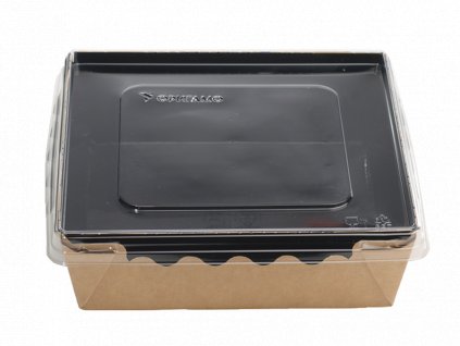 Papírový box / miska EKO na salát 150x150x50 mm hnědo-černý s transp. víčkem bal/100 ks