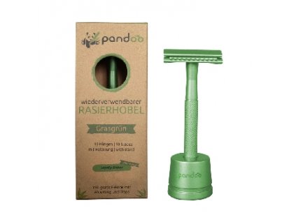 Pandoo Kovový holicí strojek se stojanem a 10 ks žiletek borovicově zelený