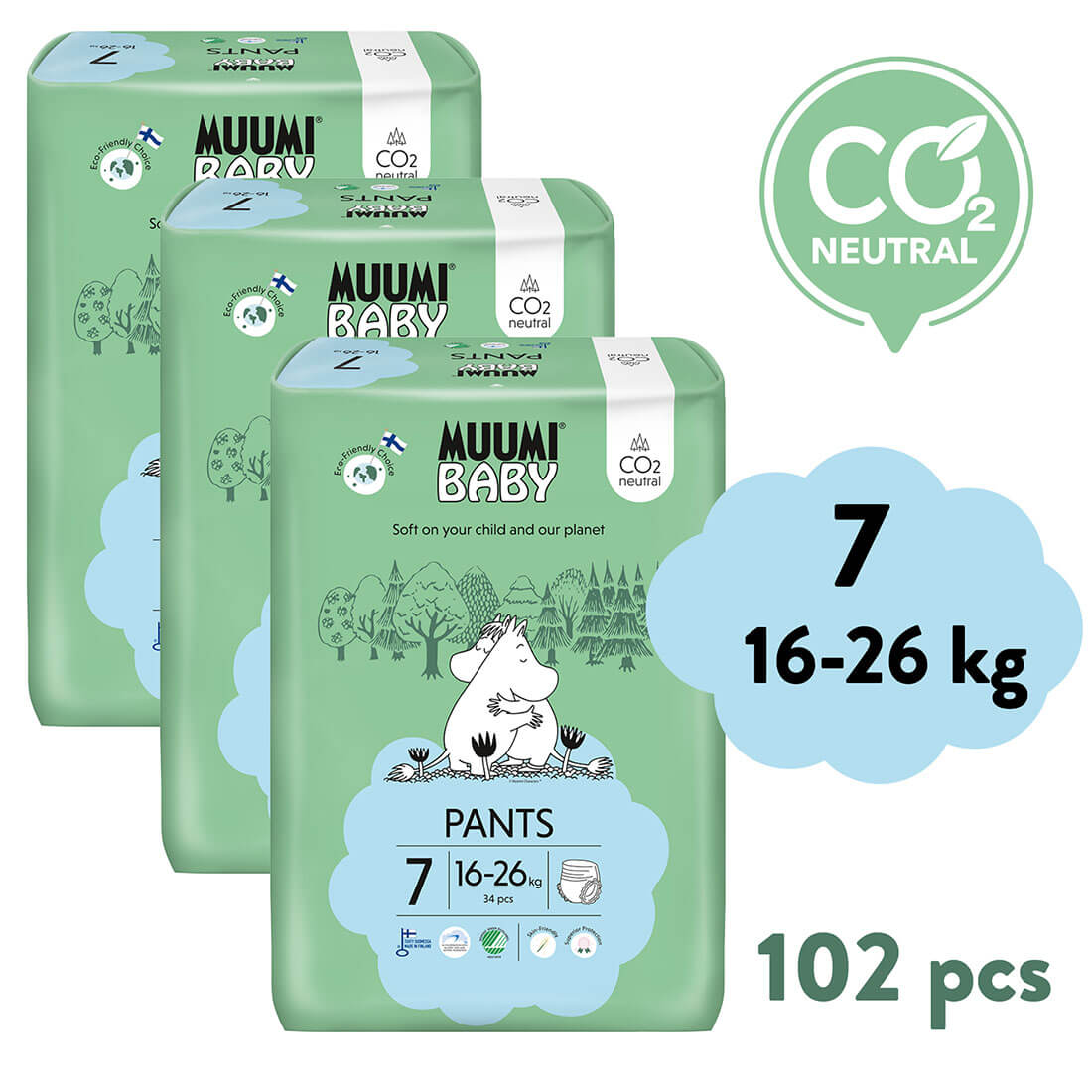 Muumi Baby Pants 7 XL 16-26 kg (102 ks), měsíční balení kalhotkových eko plen