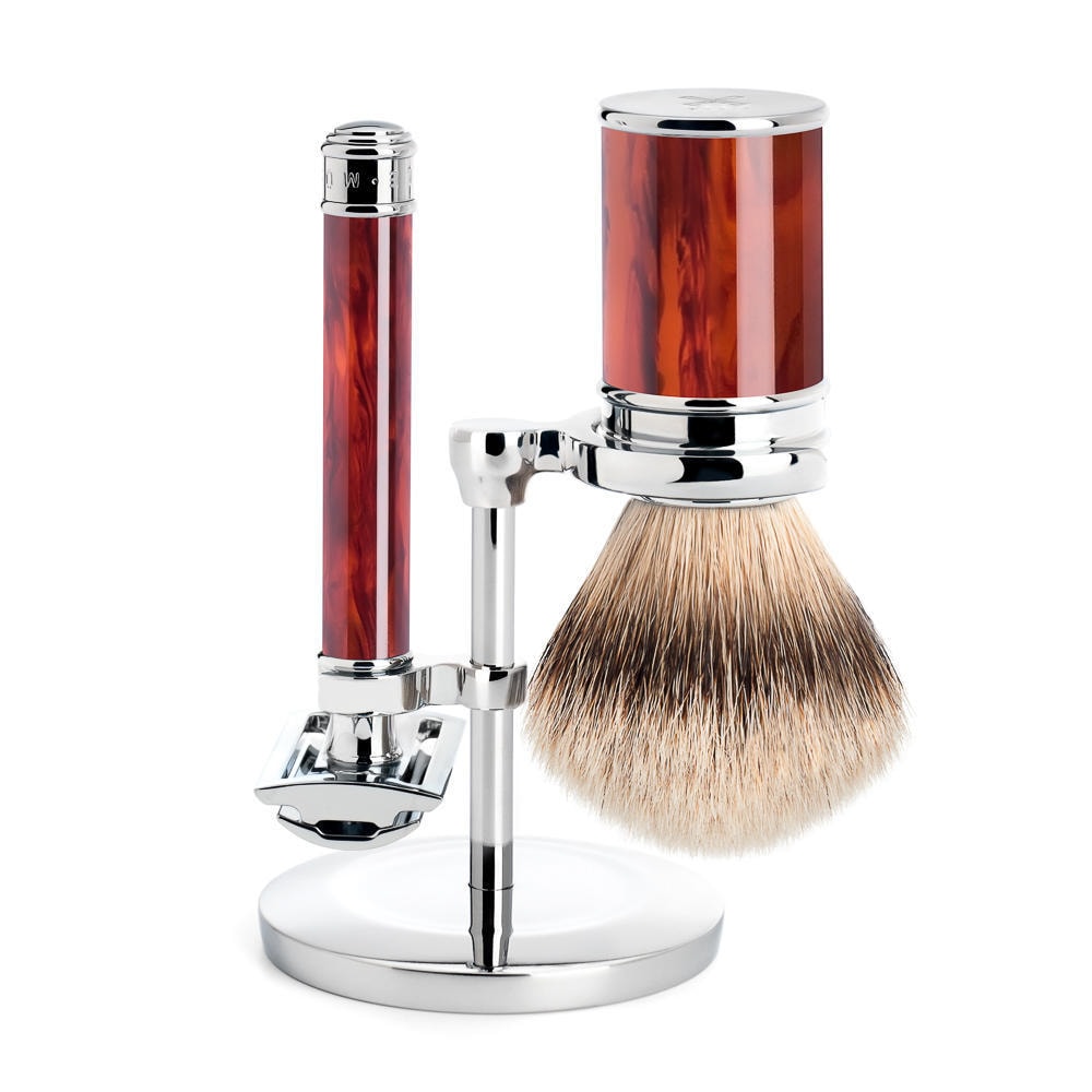 Sestava na holení Mühle Traditional - stojánek, strojek s uzavřenou hlavicí, štětka silvertip badger - želvovina