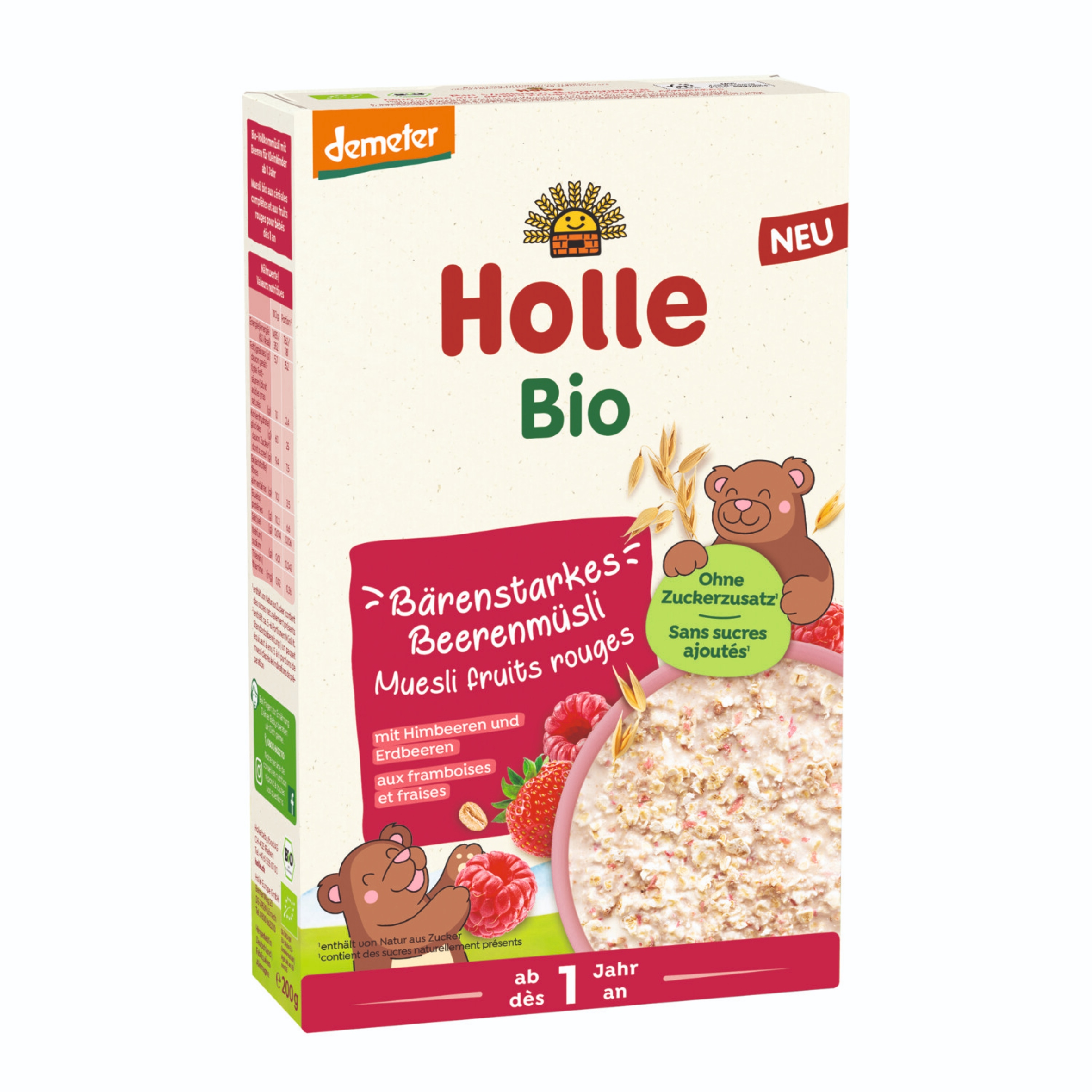 Holle Bio Müsli s kousky jahod a malin pro děti od 12. měsíce, 200 g