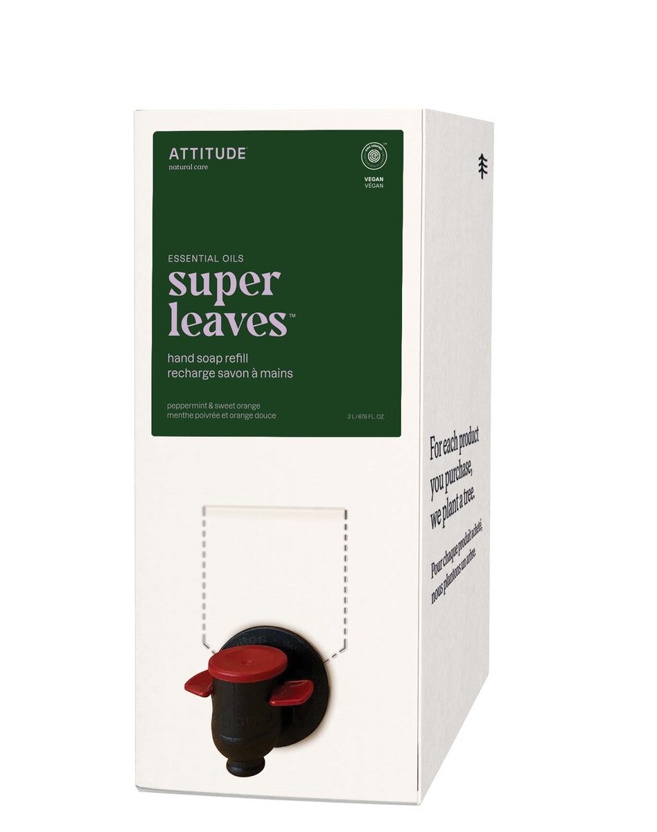 ATTITUDE Super leaves Essentials Přírodní mýdlo na ruce Peppermint & Sweet Orange, náhradní náplň 2l