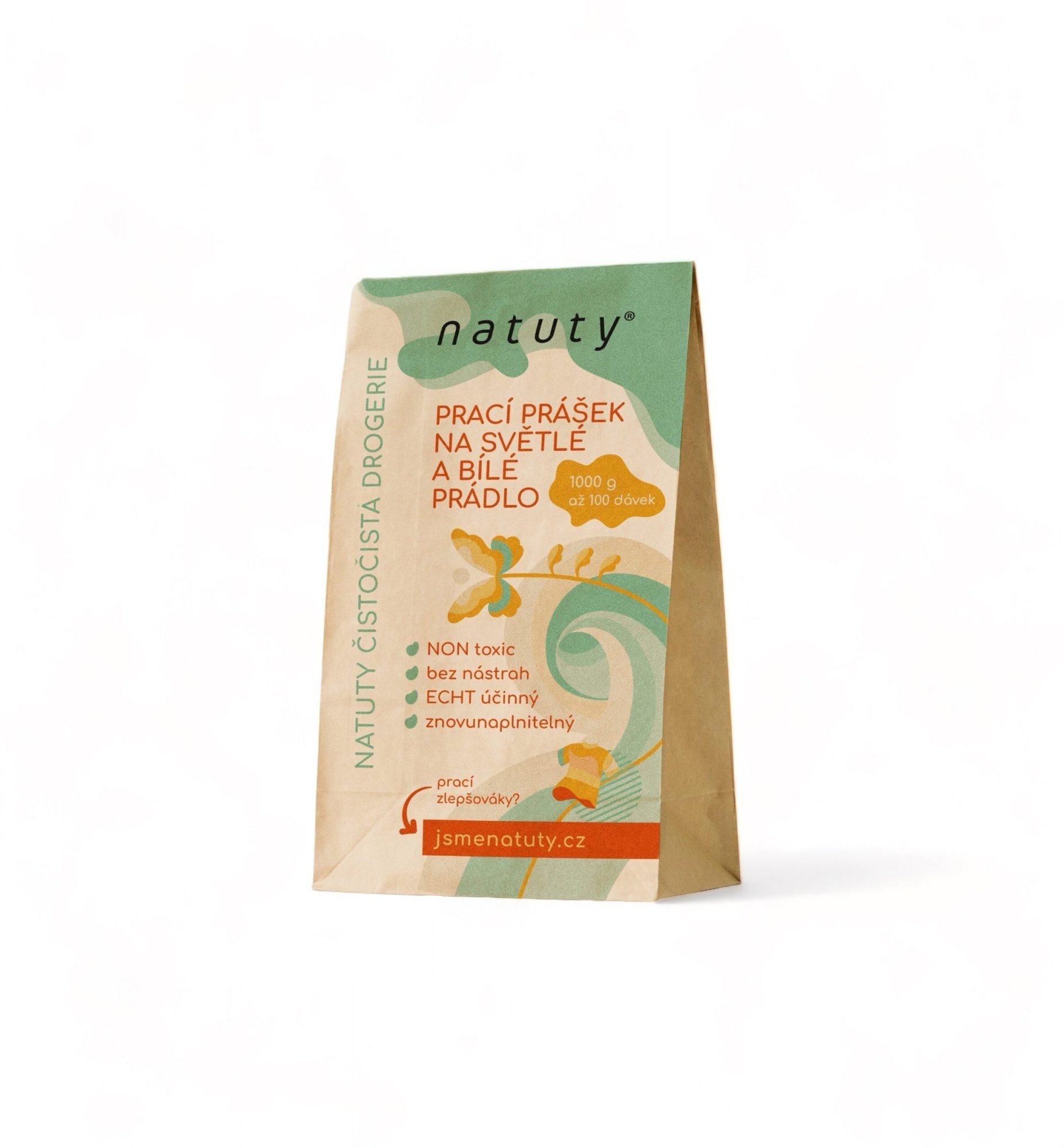 Natuty Prací prášek na bílé a světlé prádlo- bez vůně, 100 pracích dávek , 1 kg