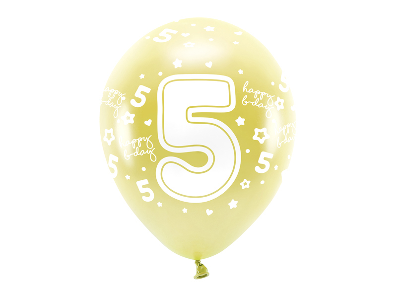 PartyDeco EKO balónky metalické číslo “5” SVĚTLE ZLATÉ, 33 cm, 6 ks