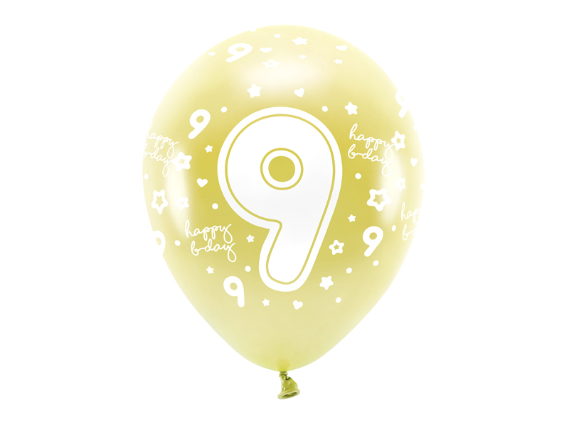 PartyDeco EKO balónky metalické číslo “9” SVĚTLE ZLATÉ, 33 cm, 6 ks