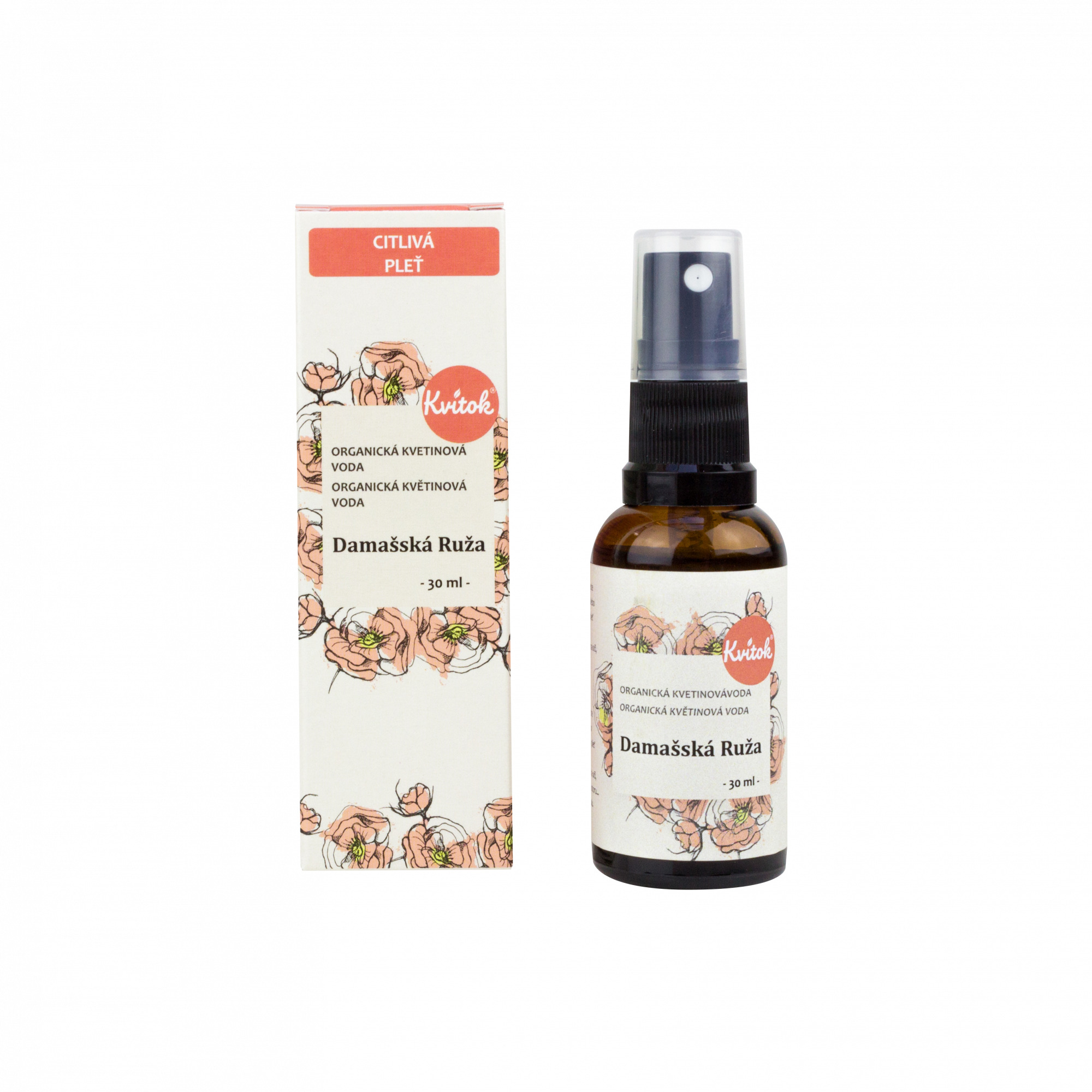 Kvitok Květová voda damašská růže BIO, 30 ml
