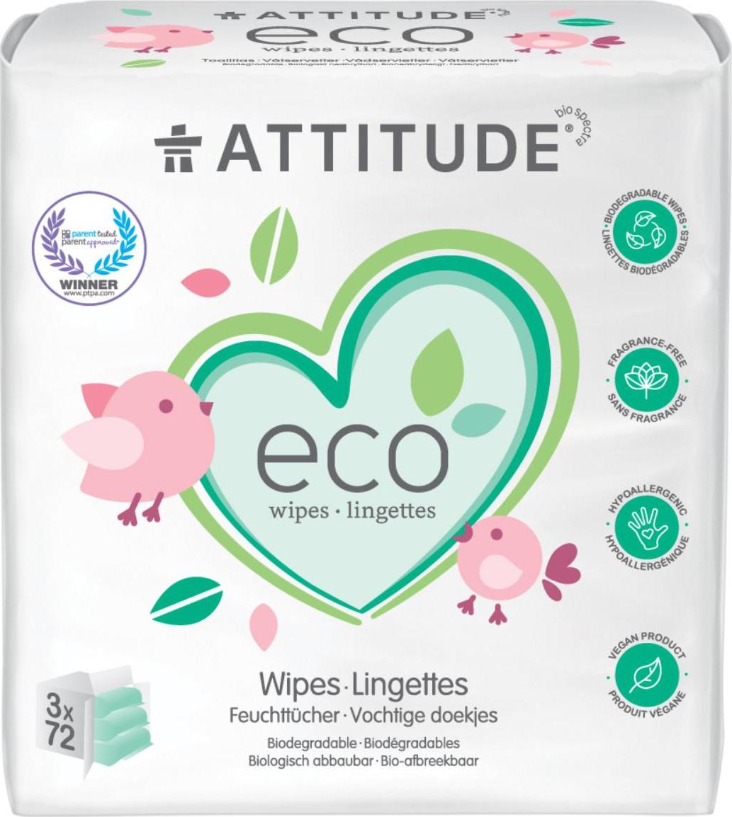Vlhčené ubrousky ATTITUDE bez vůně - výhodné balení (3 x 72 ks)