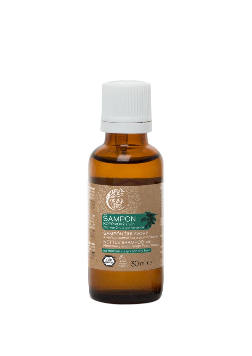 Tierra Verde – Šampon kopřivový s vůní rozmarýnu a pomeranče, 30 ml