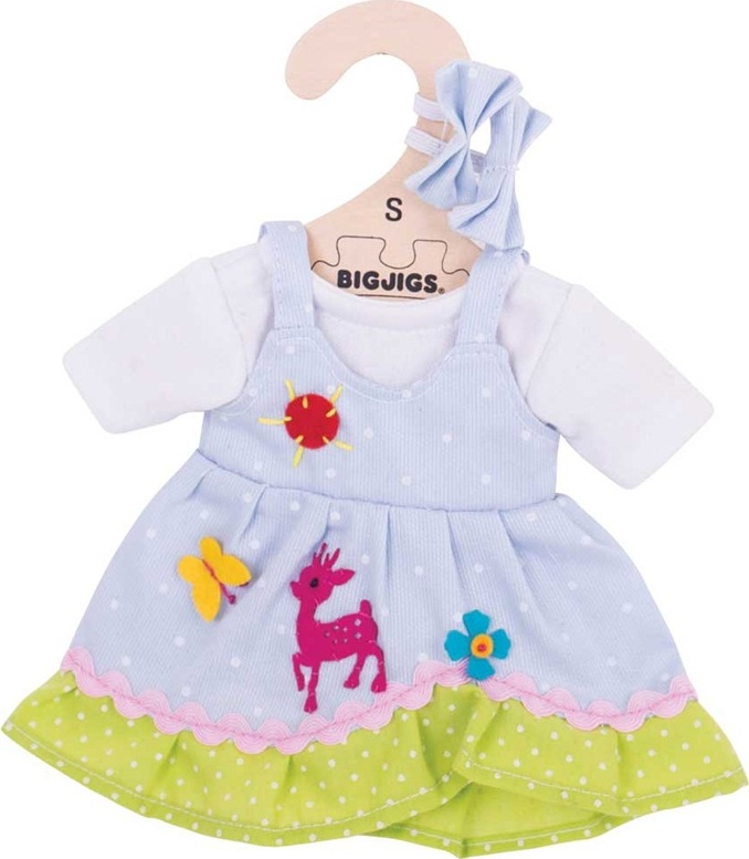 Bigjigs Toys Modré puntikované šaty s jelenem pro panenku 28 cm