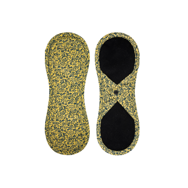 Bamboolik Látkové menstruační vložky biobavlna - satén (patentek) Tmavě modré ornamenty na zlatavě žluté