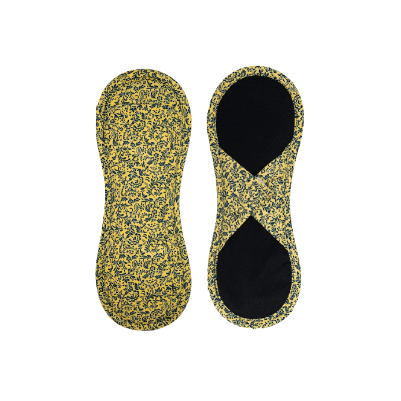 Bamboolik Látkové menstruační vložky biobavlna - satén (suchý zip) Tmavě modré ornamenty na zlatavě žluté