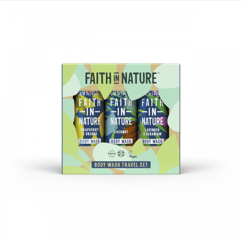 Faith in Nature Cestovní dárková sada – 3 x 100 ml sprchový gel (kokos, citrusy a levandule)