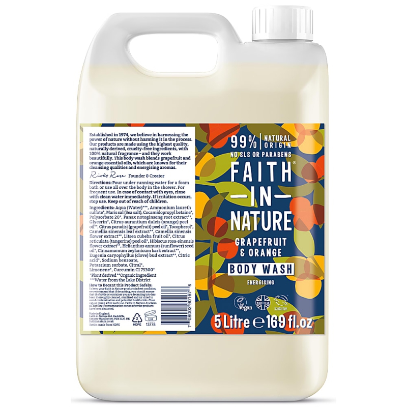 Kanystr 5 litrů Faith in Nature přírodní sprchový gel Grapefruit&Pomeranč