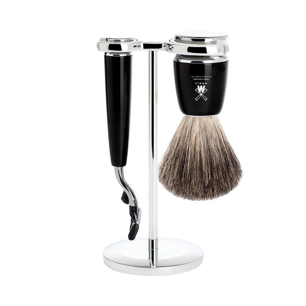 Mühle Sestava na holení RYTMO - stojánek, strojek s Mach 3 hlavicí, štětka pure badger - černá pryskyřice