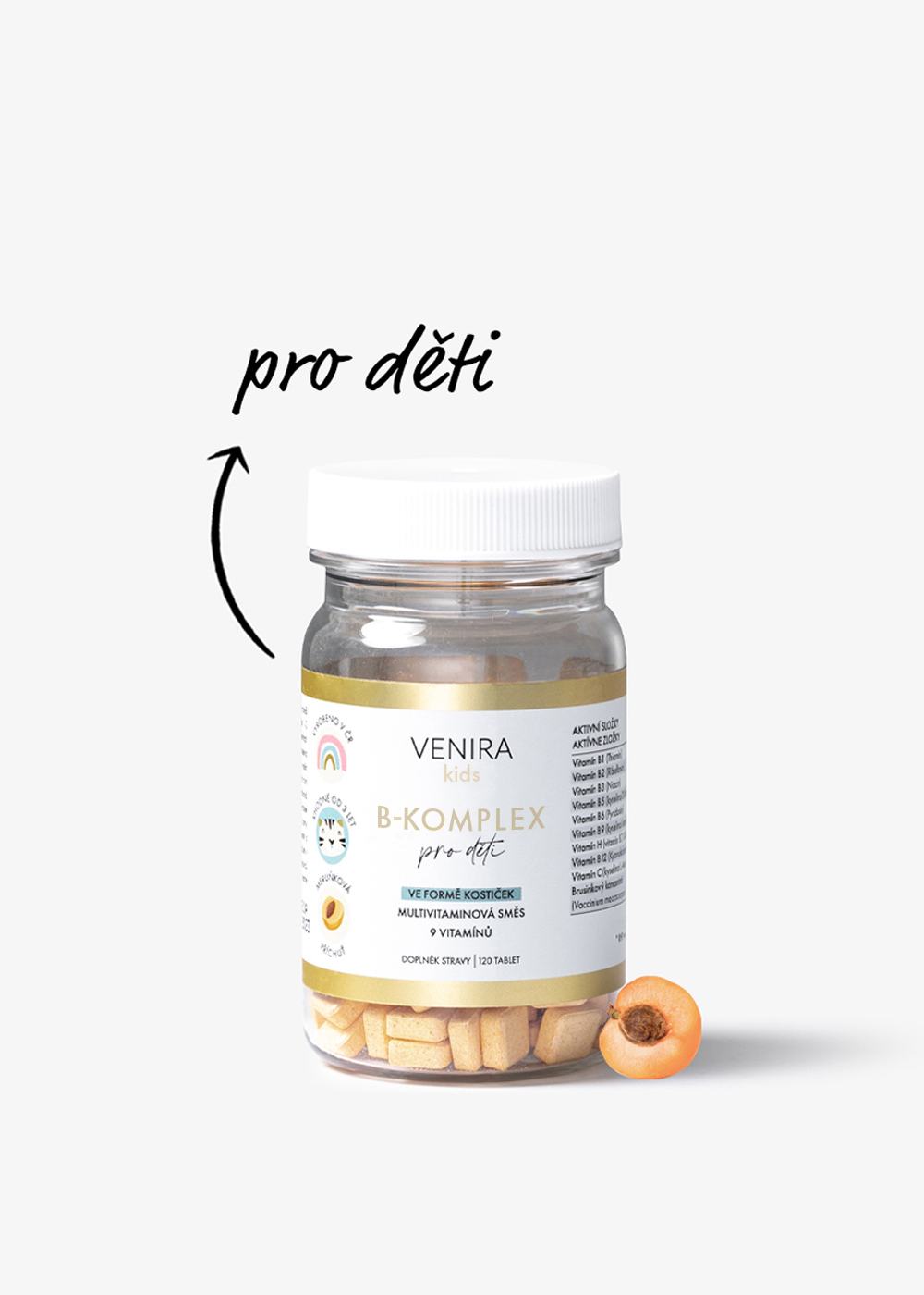 VENIRA B-komplex pro děti, příchuť meruňka, 120 srdíček