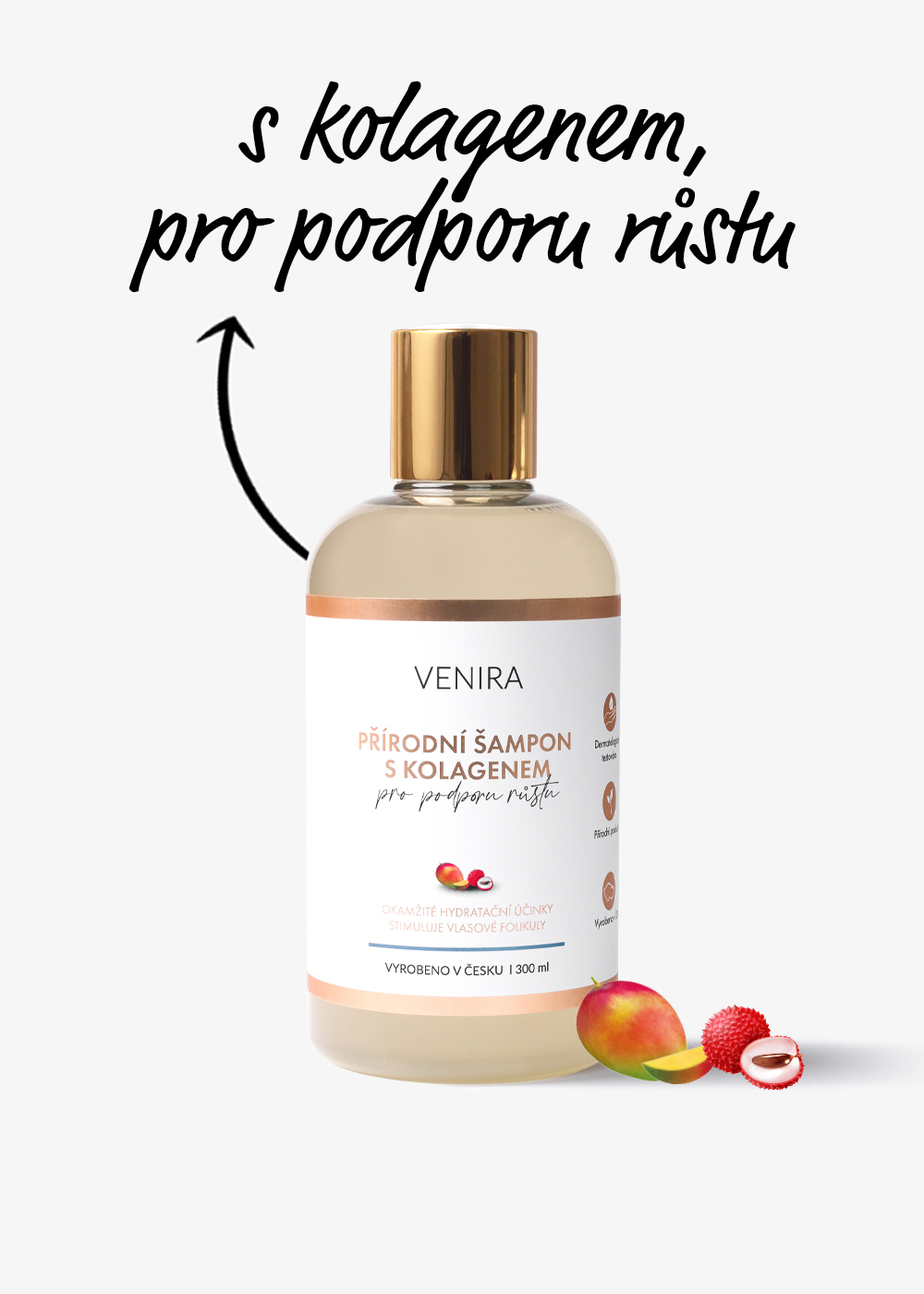 VENIRA přírodní šampon s kolagenem pro podporu růstu, mango-liči, 300 ml
