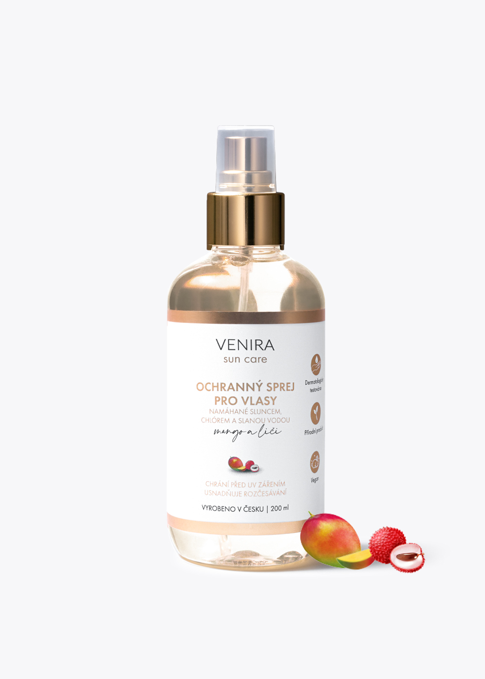 VENIRA ochranný sprej pro vlasy namáhané sluncem, chlórem a slanou vodou- mango-liči, 200ml