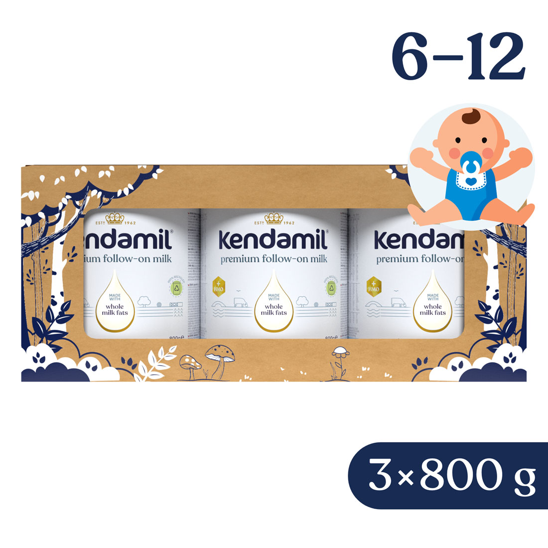 Kendamil Premium 2 HMO+ (3× 800 g), pohádkové balení s divadlem O třech prasátkách