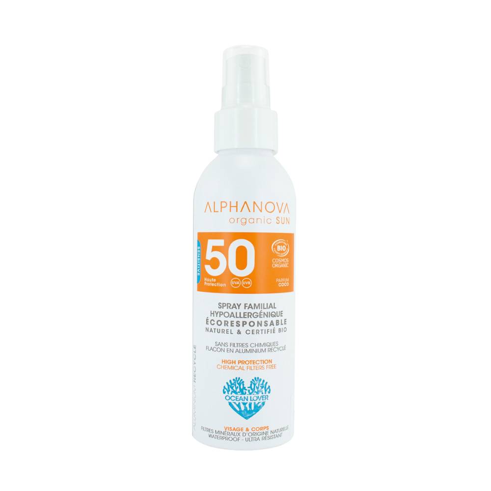 Levně Alphanova Opalovací krém ve spreji rodinný v hliníkovém obalu SPF 50 150 g BIO