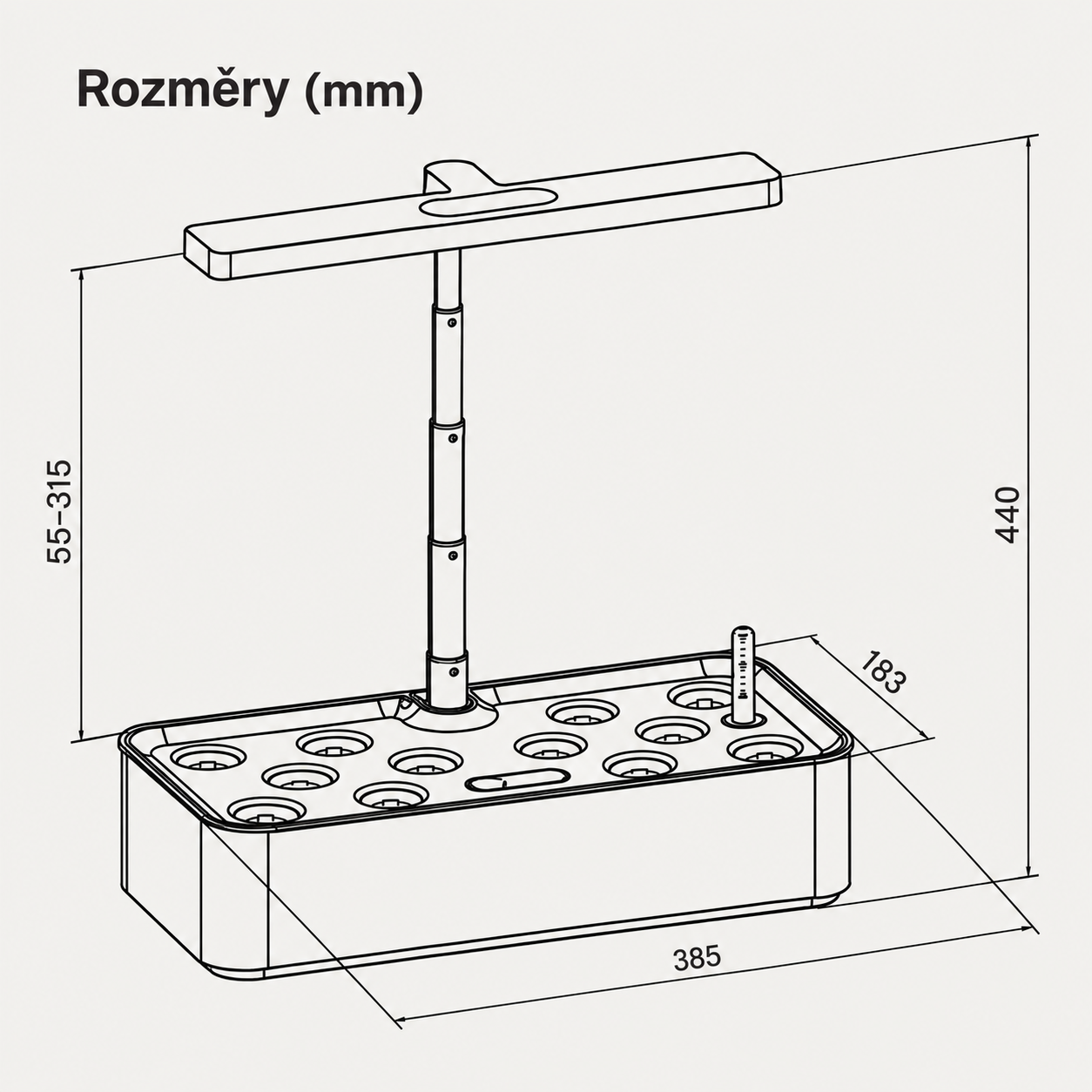 Rozměry hydroponické zahrádky EcoXzone v češtině