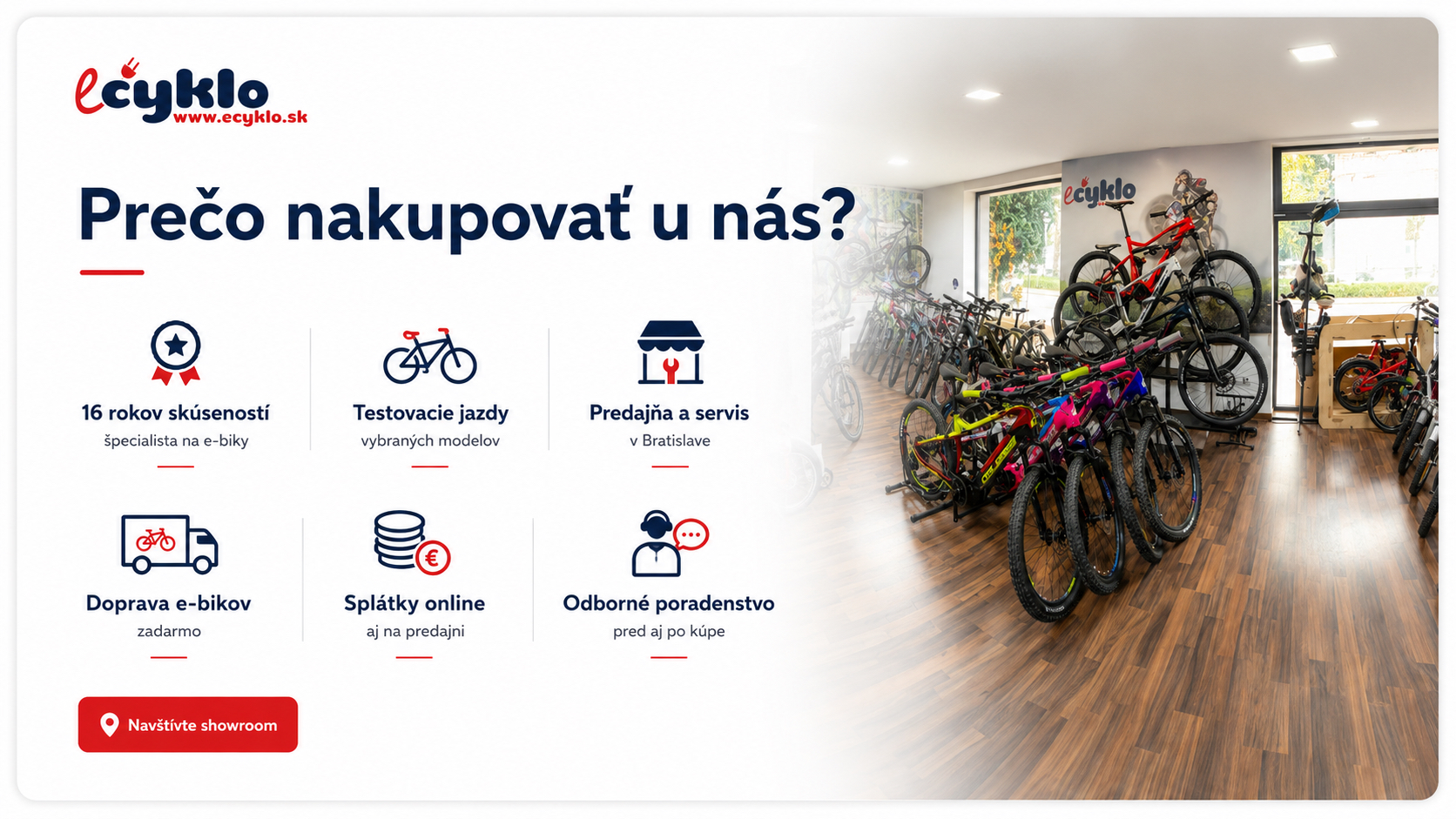 Prečo nakupovať u eCyklo.sk – elektrobicykle, testovacie jazdy, predajňa a servis v Bratislave, doprava e-bikov zadarmo, splátky online a odborné poradenstvo.