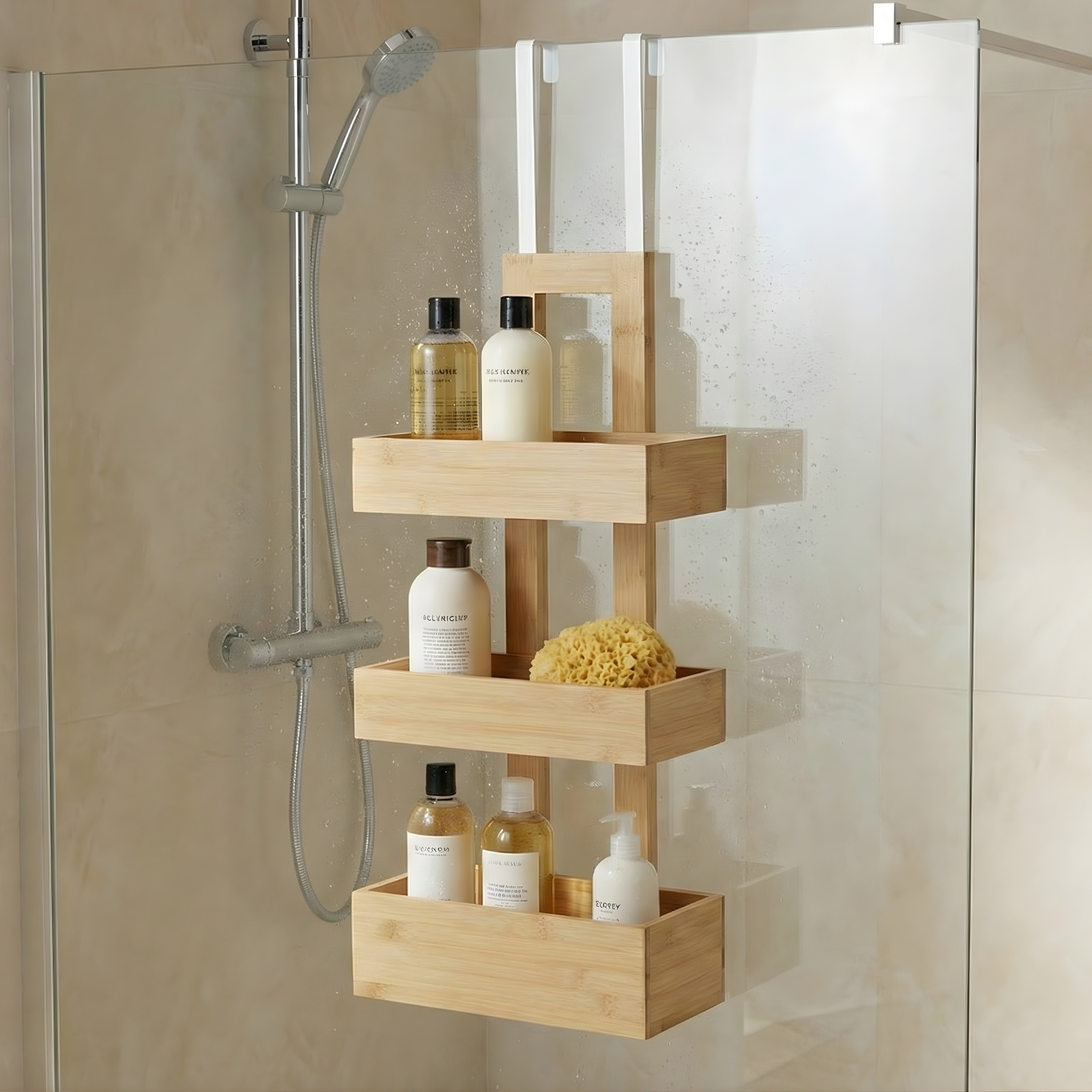 Závěsná bambusová police do koupelny bez vrtání, tříúrovňový organizér na sprchový kout