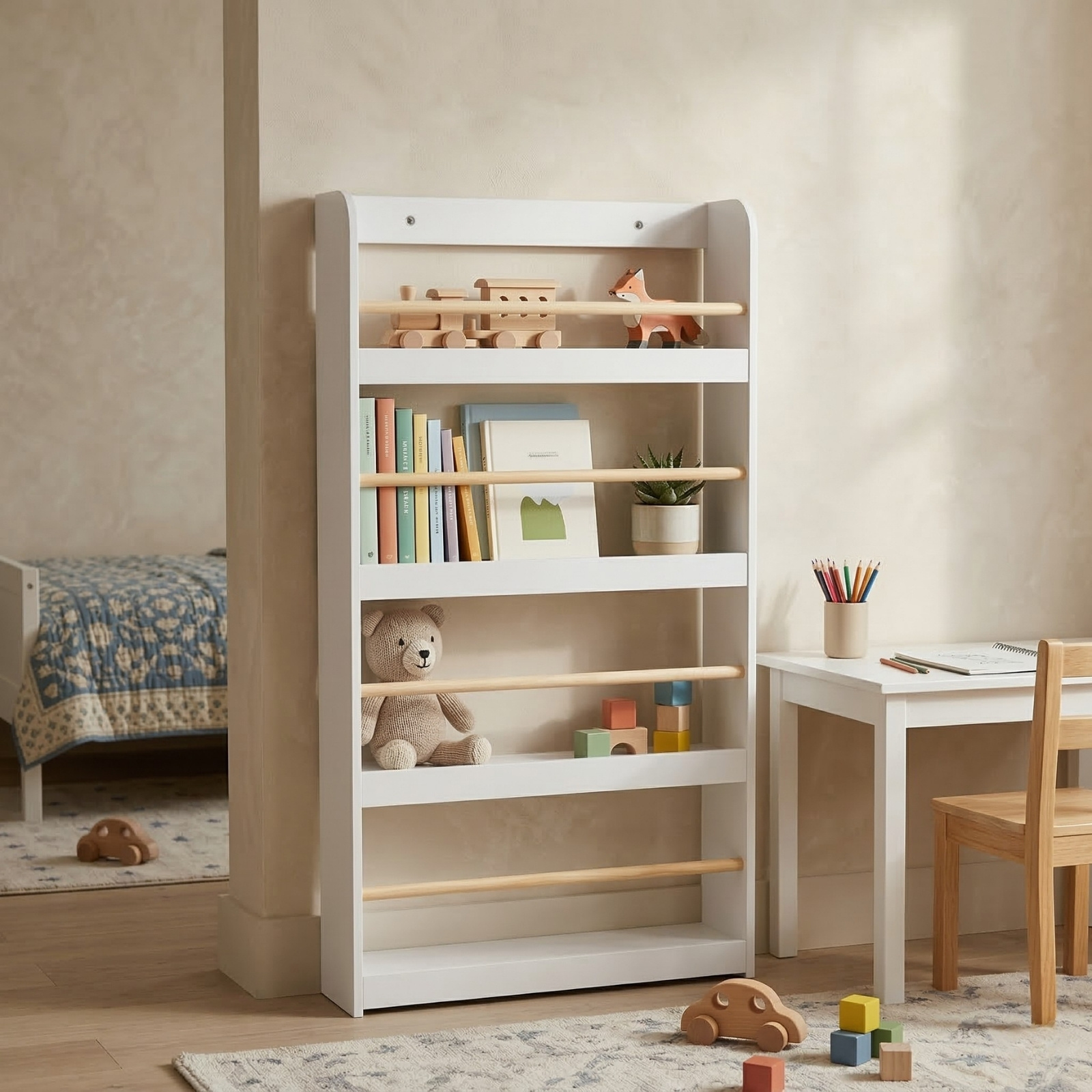 Dětský regál v světlém skandinávském pokoji s knihami, úložnými boxy a hračkami