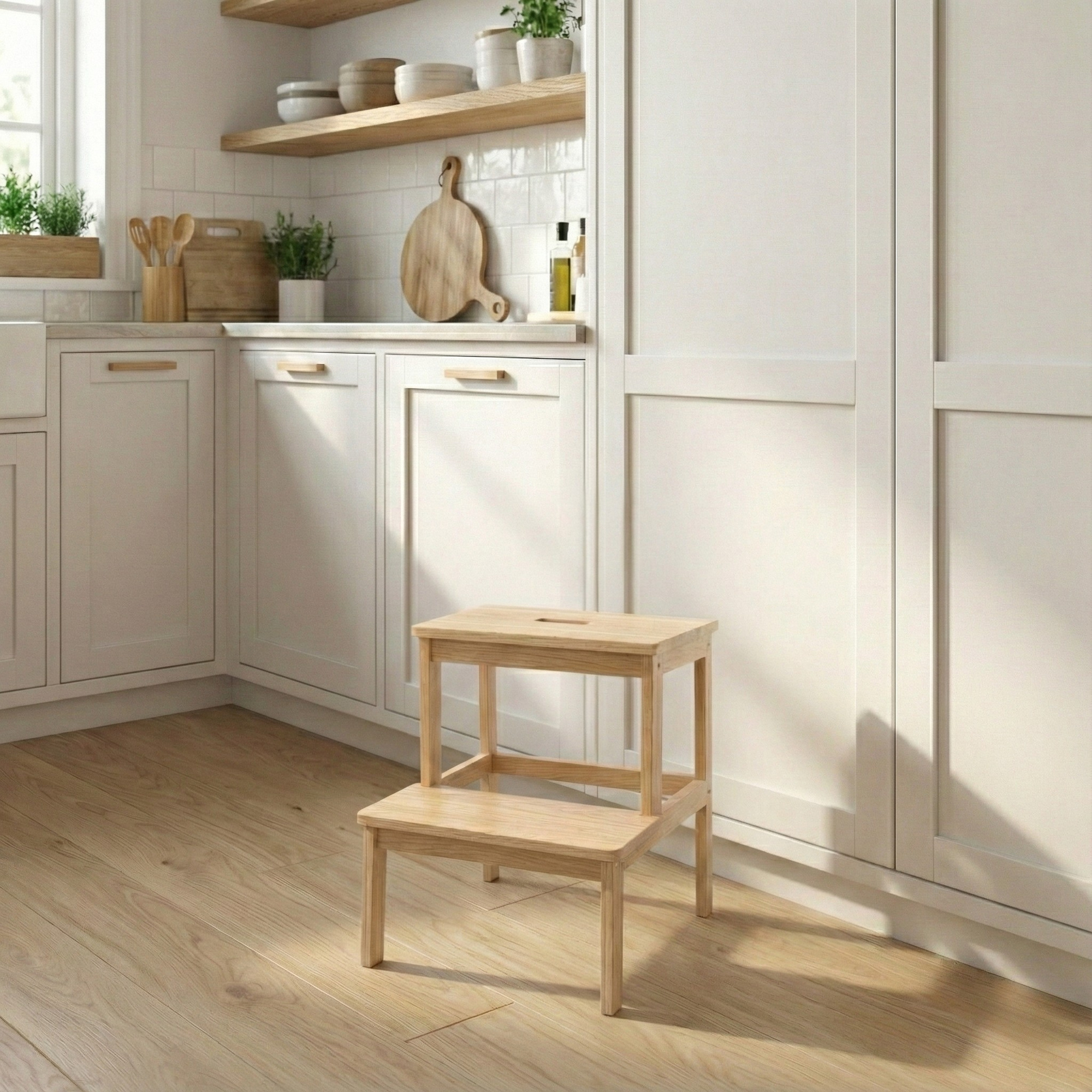 Skládací schůdky u světlé kuchyňské linky v malém bytě